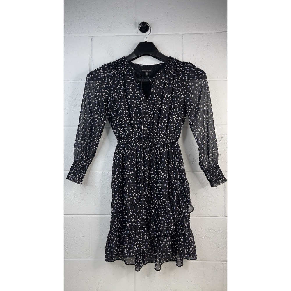 Banana Republic Women's Petite 00 Black Dress Long Sleeve Sheer Ruffle Polka Dot